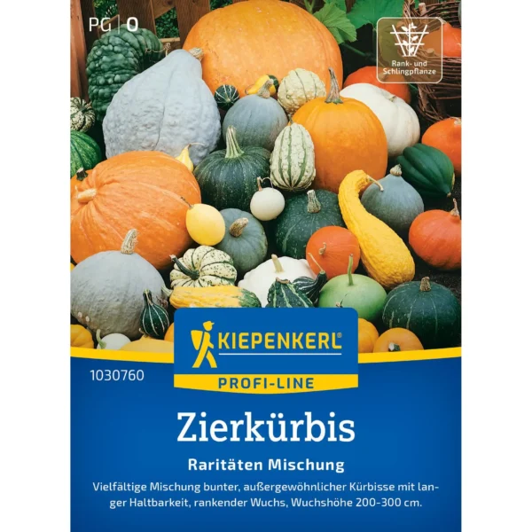 Kiepenkerl Zierkürbissamen Raritäten-Mischung, bunt und vielfältig, ideal für kreative Herbstdekorationen im Garten oder Zuhause.