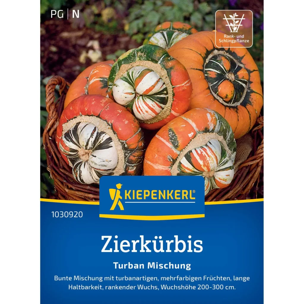 Kiepenkerl Zierkürbissamen Turban Mischung, farbenfrohe Auswahl, ideal fürs Gärtnern, perfekte Dekoration für Herbst und festliche Anlässe.