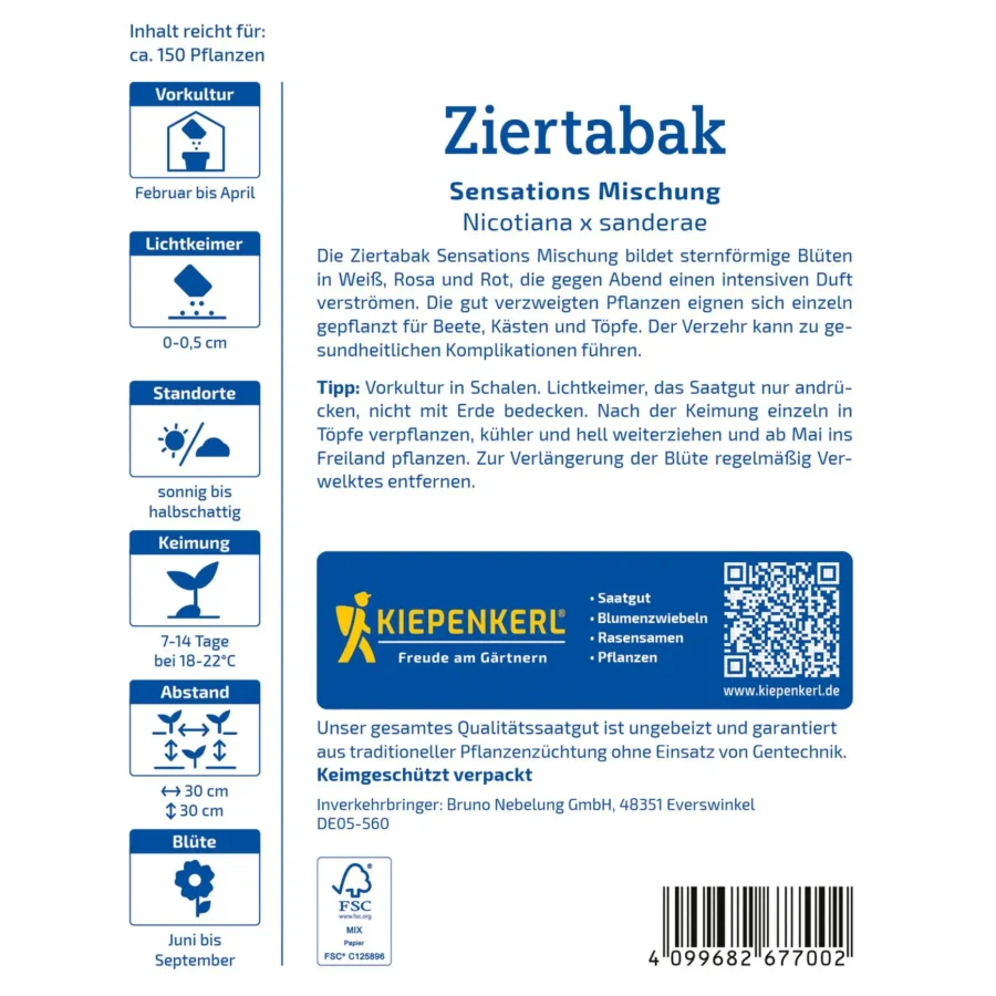 Kiepenkerl Ziertabak Sensations-Mischung, vielfältige Tabakpflanzen für aromatische Zigaretten, ideal für Selbstdreher, 10 g.
