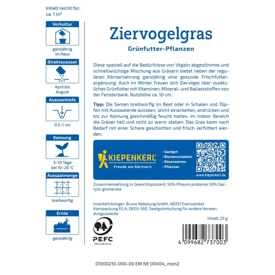 Kiepenkerl Ziervogelgrassamen-Frischgrün-Mischung, 500 g, ideal für artenreiche Gärten und Vogelbeobachtungen.