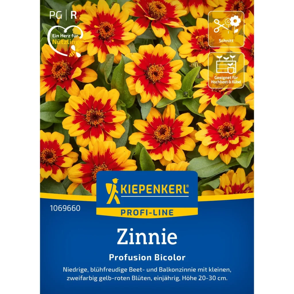 Kiepenkerl Zinnie Profusion Bicolor, farbenfrohe, robuste Blütenpflanze, ideal für Beete und Balkonkästen.