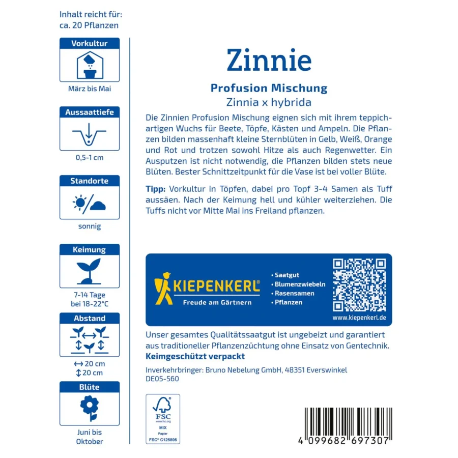 Kiepenkerl Zinnie Profusion Mischung, farbenfrohe Blumensamen, ideal für Balkon und Garten, blühfreudig und pflegeleicht.