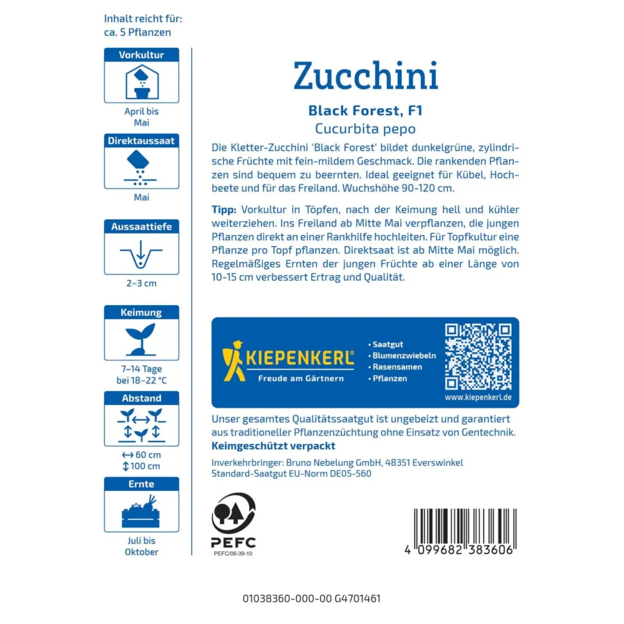 Kiepenkerl Zucchini Black Forest, ertragreiche Sorte für schmackhafte, dunkle Zucchini, ideal für Balkon & Garten.