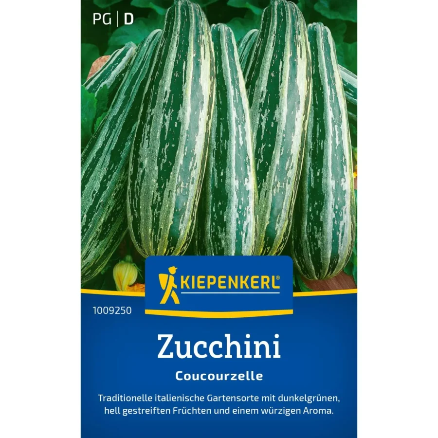 Kiepenkerl Zucchini Coucourzelle, fruchtbare Bio-Sorte mit aromatischen, länglichen Früchten, ideal für den Balkon oder Garten.