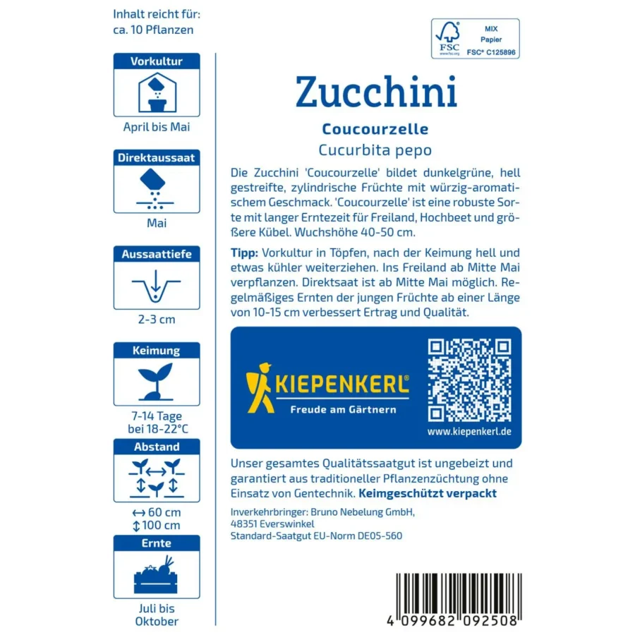 Kiepenkerl Zucchini Coucourzelle, robust und ertragreich, ideal für Hausgärten und Balkon, frische grüne Früchte für gesunde Ernährung.