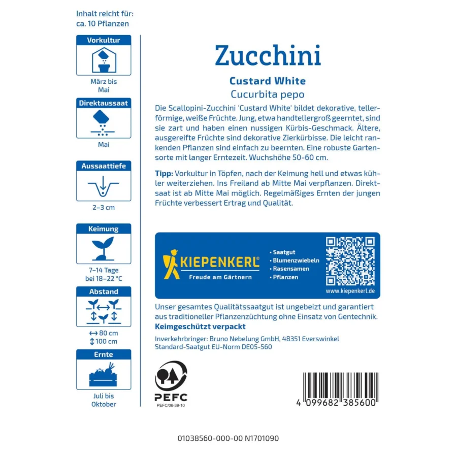 Kiepenkerl Zucchini Custard White, fängig und leicht anzubauen, ideal für Gartenanfänger, fruchtig-cremig, hohe Erträge.