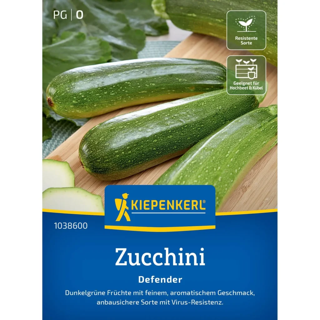 Kiepenkerl Zucchini Defender F1, robust und ertragreich, ideal für kleine Gärten und Balkonbeete, mit leckerem Geschmack und hoher Resistenz gegen Krankheiten.
