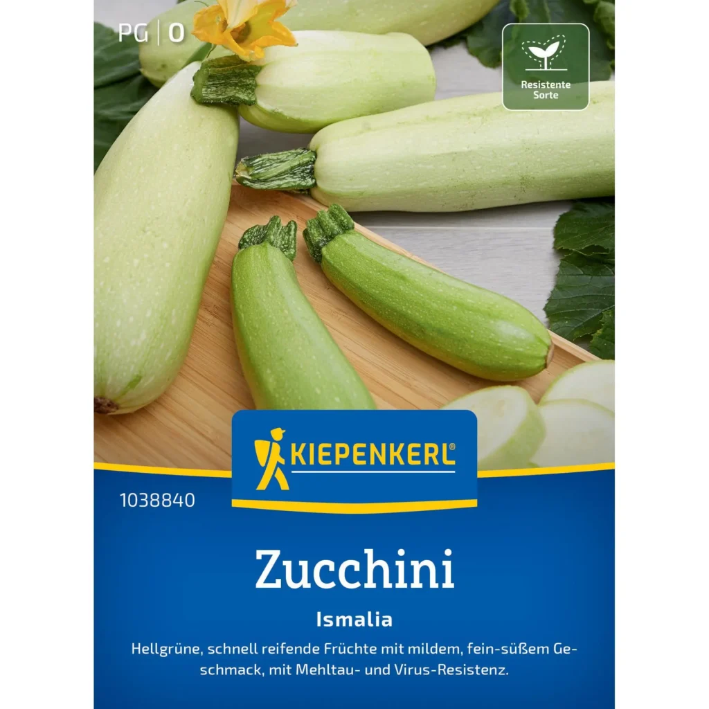 Kiepenkerl-Zucchini-Ismalia-F1, robuste Zucchinisorte, perfekt für Hausgarten, ertragreich und resistent gegen Krankheiten.