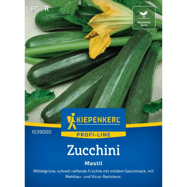 Kiepenkerl Zucchini Mastil F1, robuste und ertragreiche Zucchinipflanze, ideal für Garten und Balkon, für gesunde Ernten.