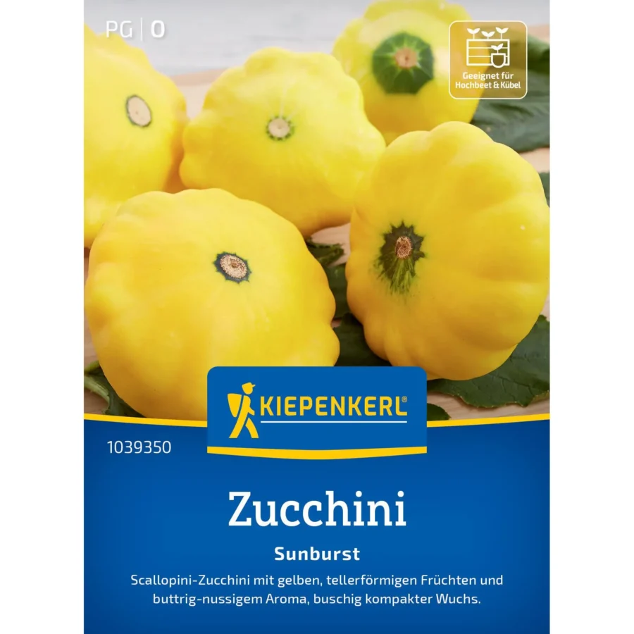 Kiepenkerl Zucchinisamen Sunburst, fruchtbare und pflegeleichte Sorte, ideal für gesunde Ernten im Garten oder auf dem Balkon.