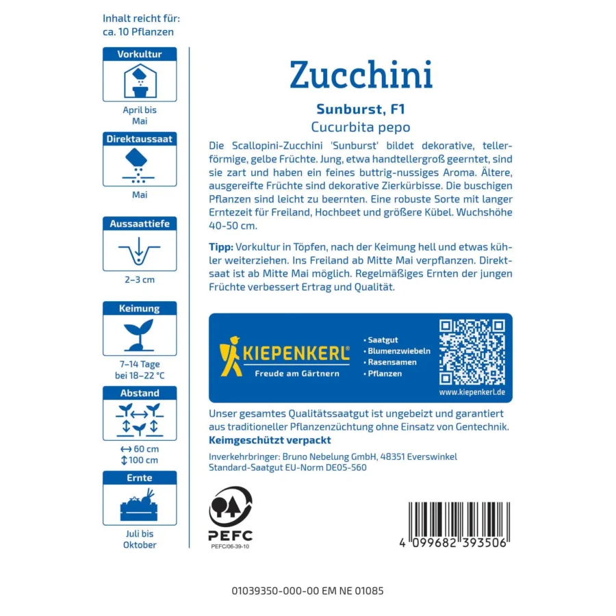 Kiepenkerl Zucchinisamen Sunburst, ertragreiche gelbe Zucchini, ideal für sonnige Gärten, hoher Nährstoffgehalt, 5 Samenpackung.