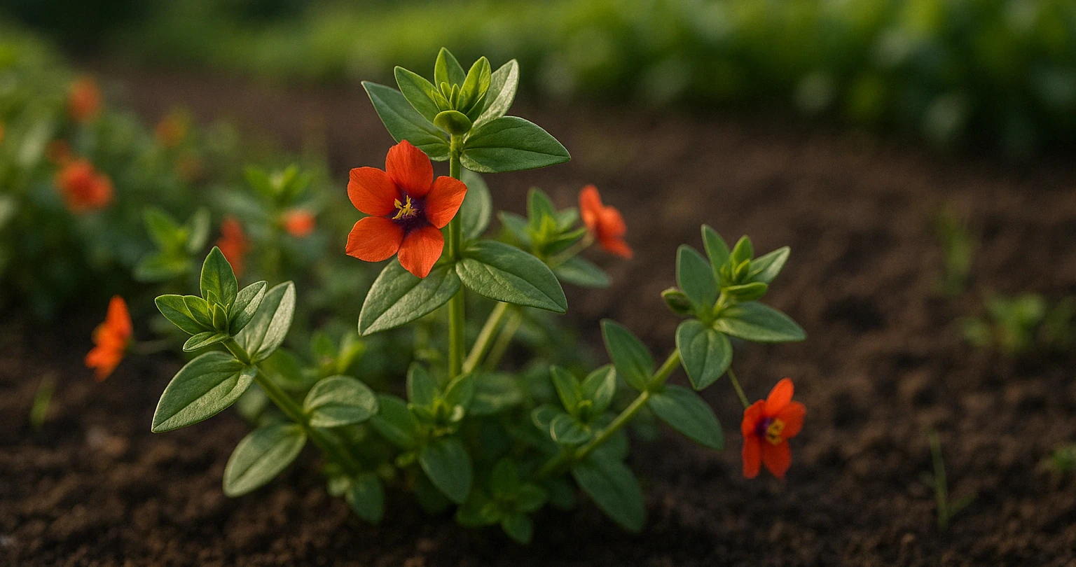 Blühender Ackergauchheil mit roten Blüten am Beetrand in natürlicher Gartenszene bei Sonnenlicht