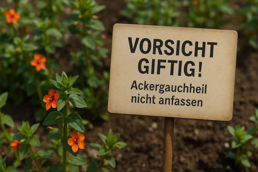 Warnschild mit Text „Vorsicht giftig – Ackergauchheil nicht anfassen“ neben roten Blüten im Gartenbeet