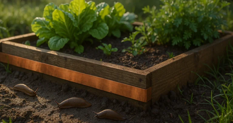 Geheimtipp gegen Schnecken: Hochbeet mit Kupferband als Schneckenschutz, gesunder Salat, Schnecken auf feuchtem Boden im Garten