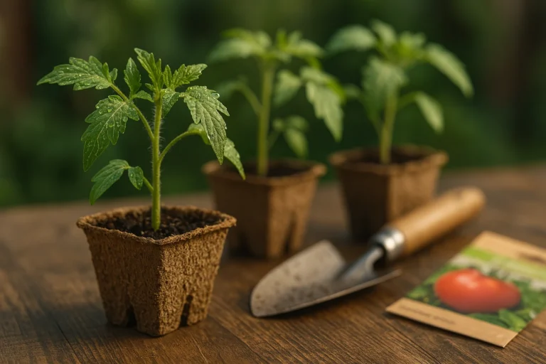 Tomaten pflanzen Anleitung: Junge Tomatenpflanzen in Anzuchttöpfen auf Holzbrett bei Tageslicht mit Gartenwerkzeug im Hintergrund