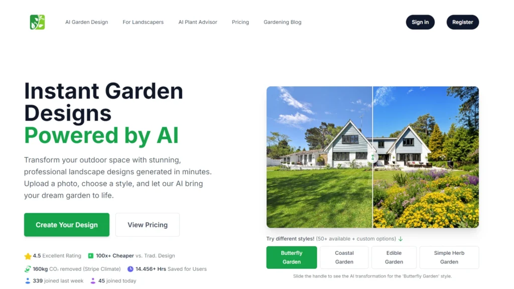 So funktioniert KI-gestützte Gartenplanung - Tools, Praxisbeispiele & Tipps 2 Benutzeroberfläche von AIGardenPlanner mit digitalem Gartenplan und Auswahloptionen für Standort, Stil und Pflegeintensität