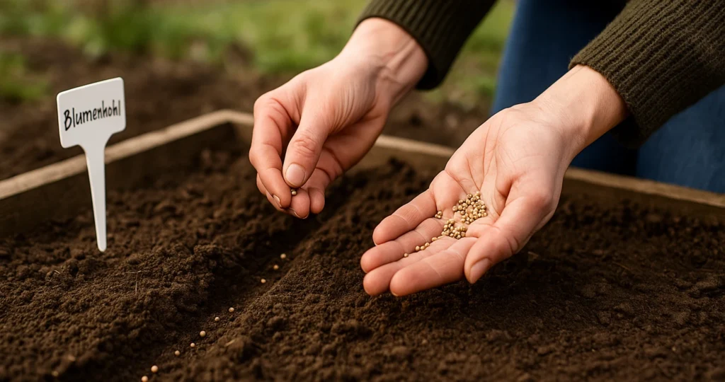 Blumenkohl pflanzen – Wann ist der richtige Zeitpunkt für Aussaat, Vorkultur & Beet? 3 Hände eines Gärtners säen Blumenkohlsamen direkt ins Beet neben einem Pflanzschild.