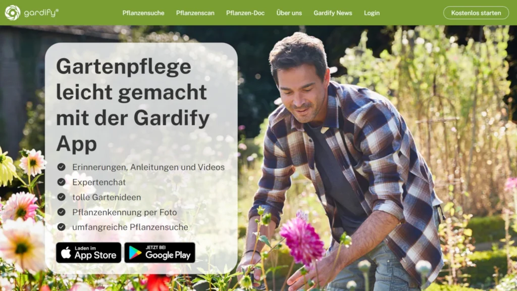 Künstliche Intelligenz im Garten - Wie KI die Zukunft deiner Gartenarbeit verändert 5 Screenshot der Gardify-App mit Startmenü für Pflanzenbestimmung, Pflegekalender und Gartentipps auf Deutsch