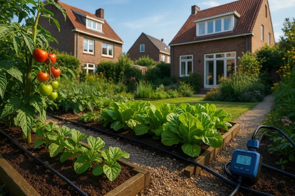 Gartenbewässerung Niederlande: Niederländischer Garten mit Tropfbewässerung, Tomaten- und Salatbeeten, modernem Bewässerungscomputer und Backsteinhäusern im Hintergrund