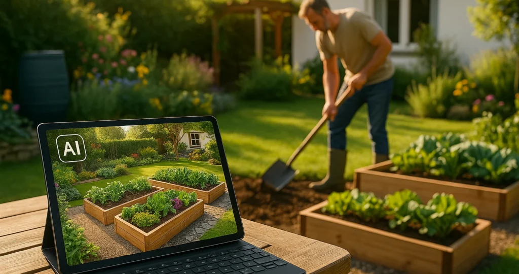Gartenplanung mit KI: Tablet mit KI-Gartenplanung auf einem Holztisch, im Hintergrund ein gepflegter Gemüse- und Hochbeetgarten mit einer Person beim Skizzieren