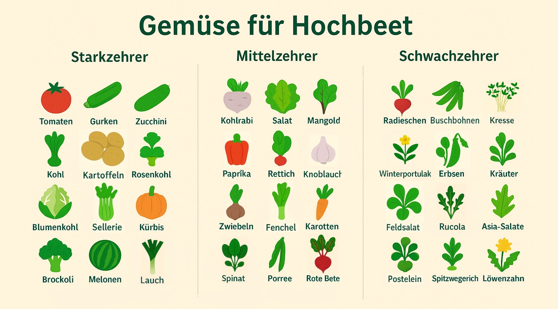 Gemüse für Hochbeet: Infografik mit Zeichnungen von 36 beliebten Hochbeet-Gemüsesorten wie Radieschen, Zucchini, Tomate und Karotte, beschriftet auf Deutsch