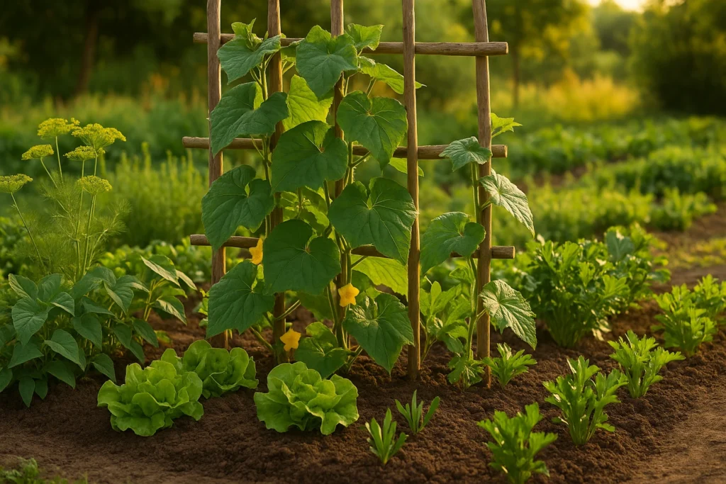 Gurkenpflanzen mit Dill, Buschbohnen, Sellerie und Salat als Nachbarn im sonnigen Gemüsebeet