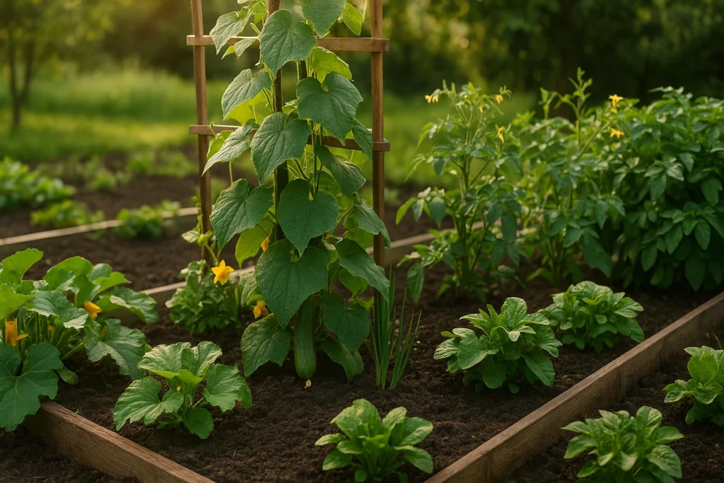 Gurkenpflanzen im Beet neben Tomaten, Kartoffeln und Zucchini – Beispiel für schlechte Mischkulturpartner