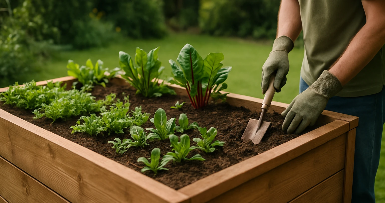Hochbeet bepflanzen – Reihenfolge, Pflanzplan & Mischkultur clever erklärt 1 Hochbeet bepflanzen: Gärtner bepflanzt hohes Hochbeet aus Holz mit frischem Gemüse im Frühling