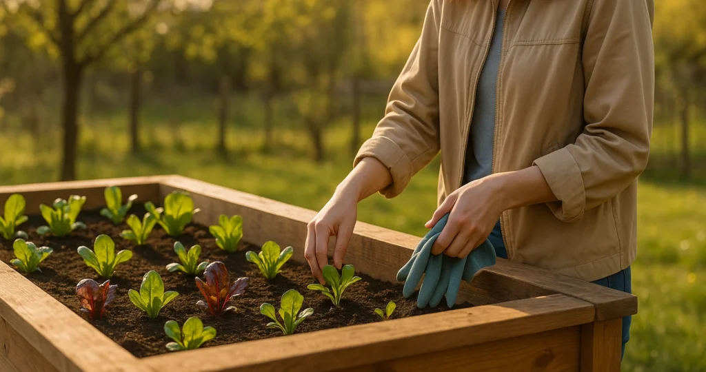 Hochbeet bepflanzen – Reihenfolge, Pflanzplan & Mischkultur clever erklärt 2 Junge Frau pflanzt im Frühling Gemüse in ein Hochbeet bei Sonnenuntergang