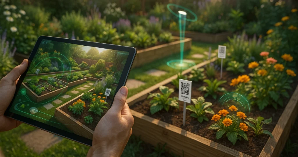 Künstliche Intelligenz im Garten - Wie KI die Zukunft deiner Gartenarbeit verändert 1 Künstliche Intelligenz im Garten: Gärtner mit digitalem Pflanzplan, smarte Hochbeete mit KI-Technologie und QR-Codes im Hintergrund