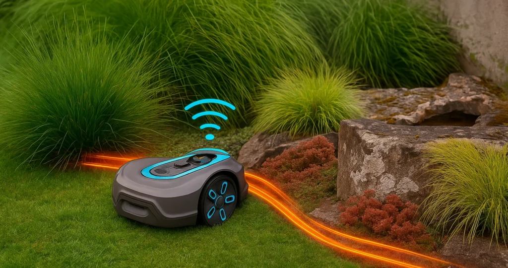 Mähroboter mit KI mäht autonom durch den Garten entlang einer virtuellen Begrenzung, umgeben von Ziergräsern und Steinen