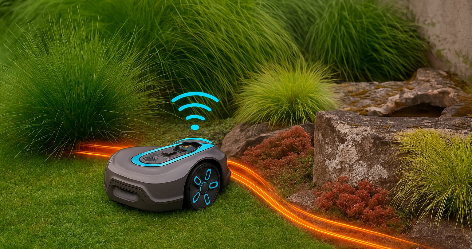 Mähroboter mit KI: Wie smart ist dein Rasenmäher wirklich? 1 Mähroboter mit KI mäht autonom durch den Garten entlang einer virtuellen Begrenzung, umgeben von Ziergräsern und Steinen