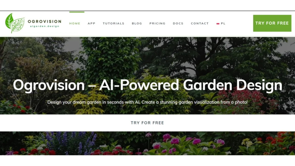 So funktioniert KI-gestützte Gartenplanung - Tools, Praxisbeispiele & Tipps 7 Startseite des KI-Tools Ogrovision mit Slogan „AI-Powered Garden Design“