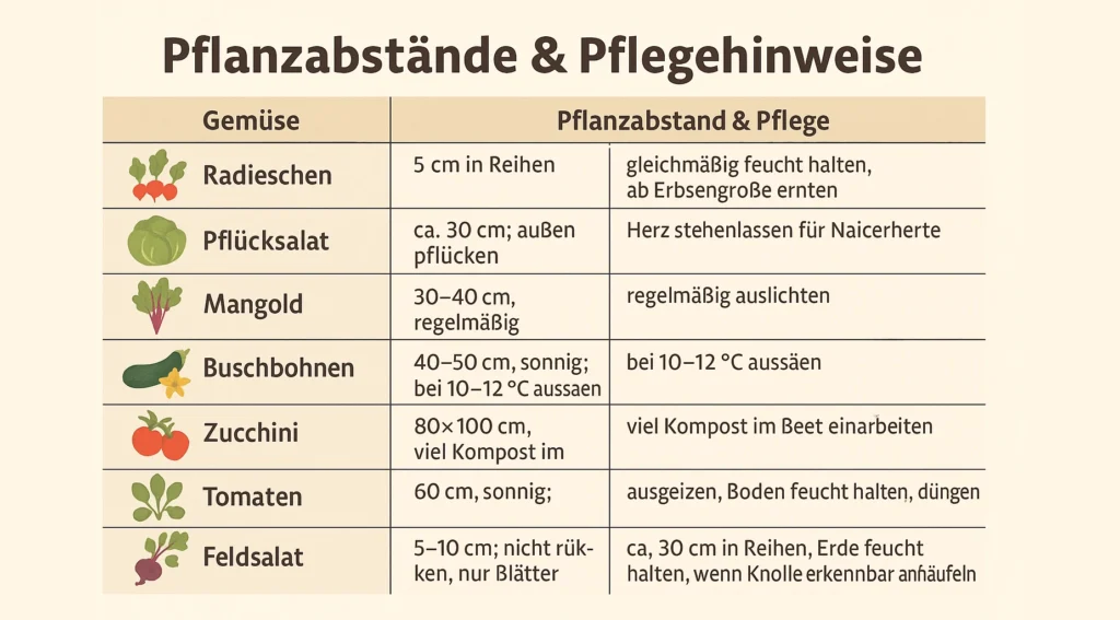 Gemüse für Hochbeet: Infografik mit Pflanzabständen und Pflegehinweisen für Gemüse im Hochbeet wie Radieschen, Pflücksalat, Zucchini und Tomaten