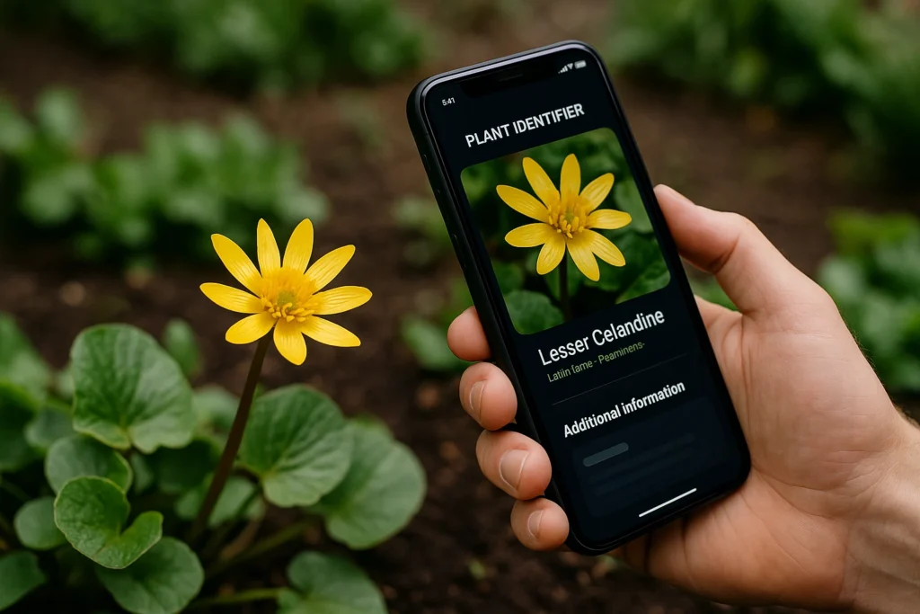 Pflanzenerkennung KI: Hand mit Smartphone erkennt gelbe Blume per KI-App im Garten – Pflanzenerkennung in Echtzeit