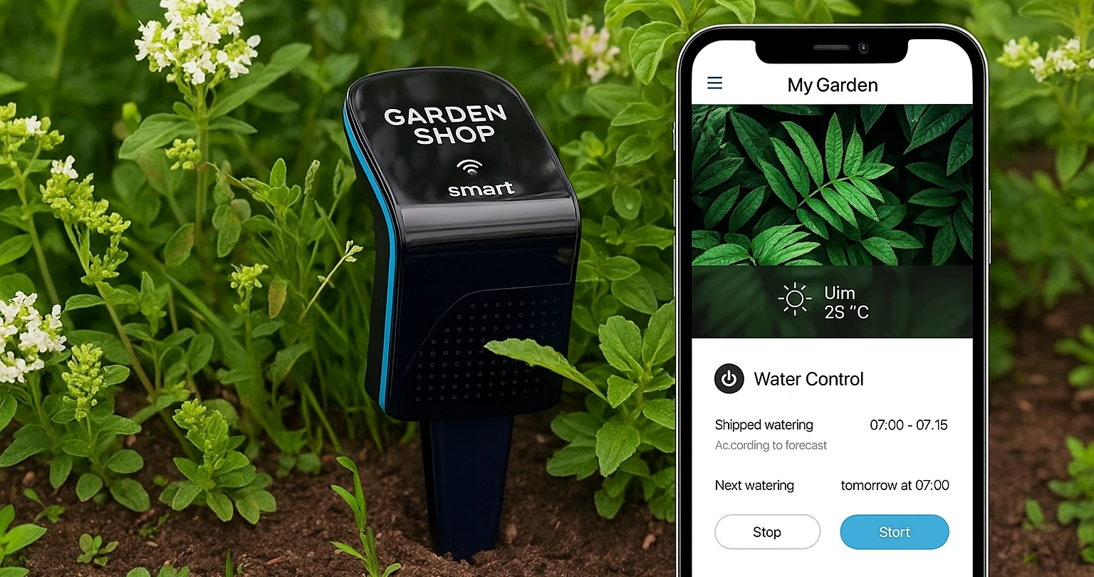 Pflanzenpflege mit KI: Diese 5 smarten Apps gießen, düngen & diagnostizieren für dich 1 Pflanzenpflege mit KI: Gartensensor von Garden Shop und Smartphone mit App zur automatisierten Pflanzenpflege in einem grünen Garten