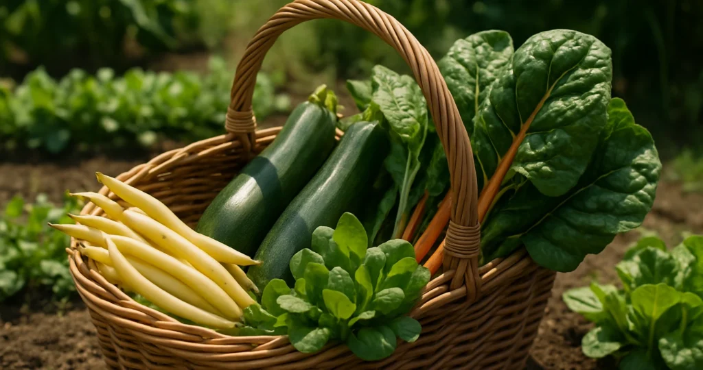 Korb mit frischer Gartenernte: Zucchini, Mangold, Pflücksalat und gelbe Buschbohnen aus dem Hochbeet