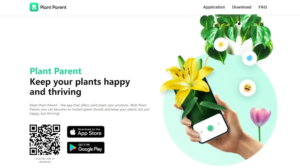 Pflanzenpflege mit KI: Diese 5 smarten Apps gießen, düngen & diagnostizieren für dich 6 Smartphone mit Pflanze und Symbolen für Wasser, Licht und Pflege aus der App Plant Parent mit QR-Code für den App-Download