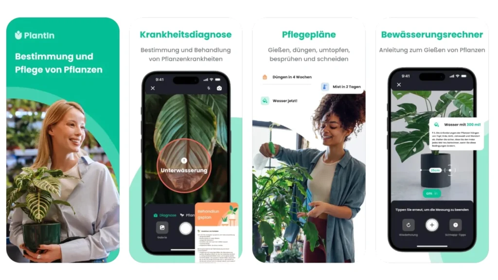 Pflanzenpflege mit KI: Diese 5 smarten Apps gießen, düngen & diagnostizieren für dich 4 Screenshots der PlantIn App mit Funktionen zur Pflanzenpflege, Diagnose, Gießhilfe und Pflegeplanung