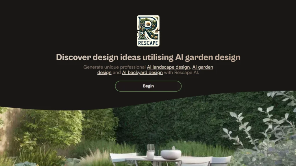 So funktioniert KI-gestützte Gartenplanung - Tools, Praxisbeispiele & Tipps 6 Startseite von Rescape AI mit Slogan „Discover design ideas utilising AI garden design“