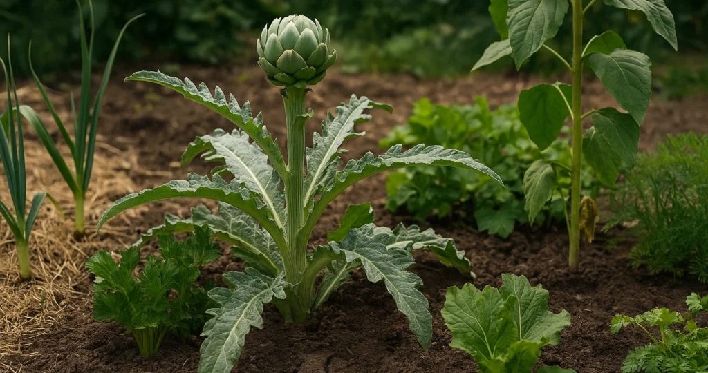 Artischocken gute Nachbarn: Diese Pflanzen vertragen sich im Beet 2 Artischocke im Gemüsebeet mit schlechten Nachbarn wie Knoblauch, Sellerie und Topinambur – Beispiel für ungünstige Mischkultur