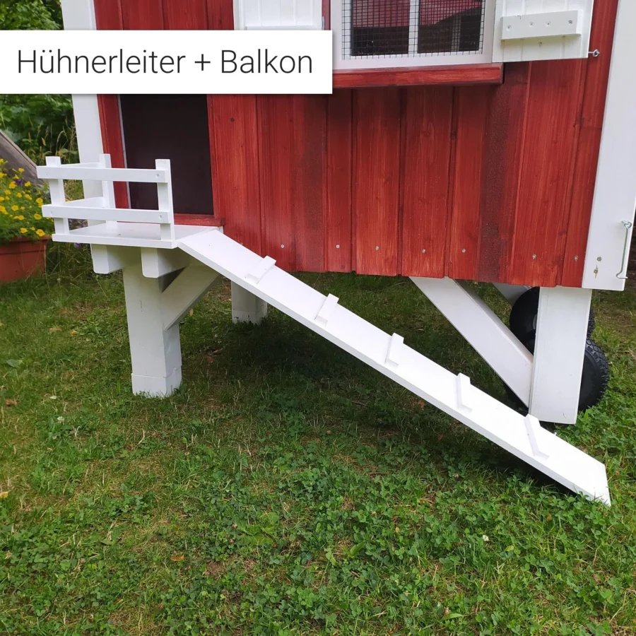 Der Holz Hannes Hühnerstall Premium-Paket - Bauwagen mit Balkon, Legenest & elektrischer Luke