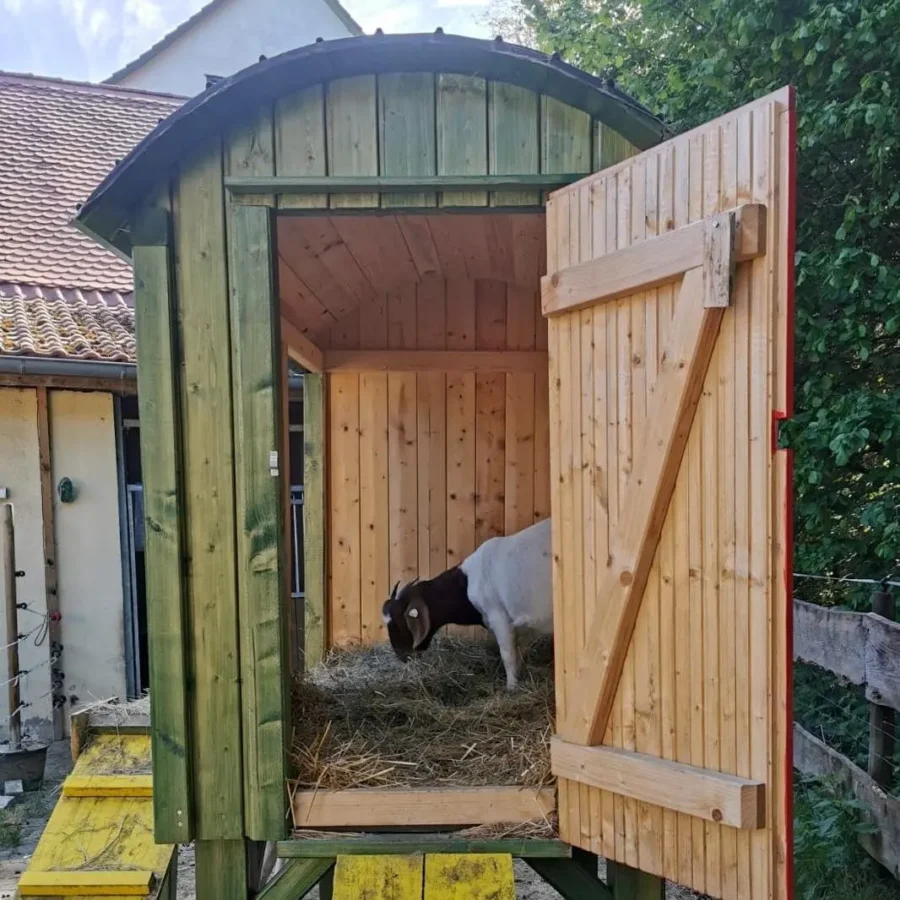 Ziegenstall aus Holz - Bauwagen für Ziegen mit Blechdach & Rampe