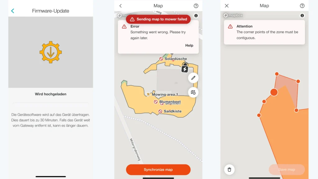 Gardena Mähroboter smart SILENO max App-Einrichtung mit langen Updates und Fehlermeldungen bei der Kartenbearbeitung