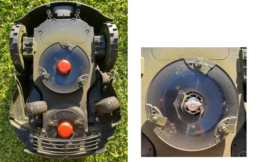 Gardena Mähroboter smart SILENO max von unten mit zwei Mähscheiben und sichtbarer Schnitthöhenverstellung