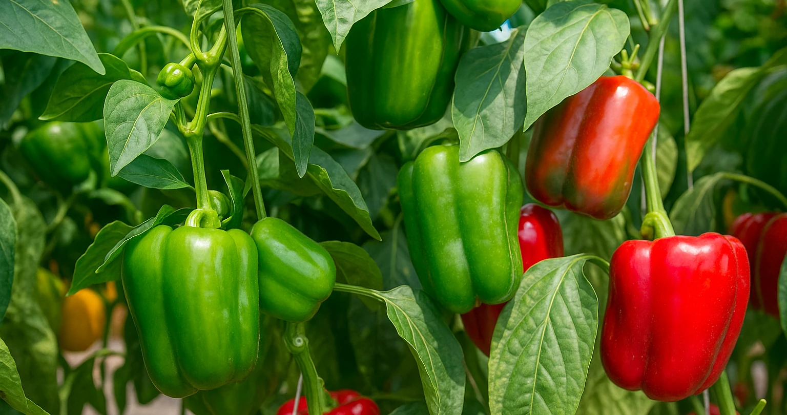 Gute Nachbarn für Paprika - Diese Pflanzen fördern Wachstum & Gesundheit im Beet 1 Paprika gute Nachbarn: Reife Paprika im Beet mit Kräutern und Blühpflanzen in Mischkultur