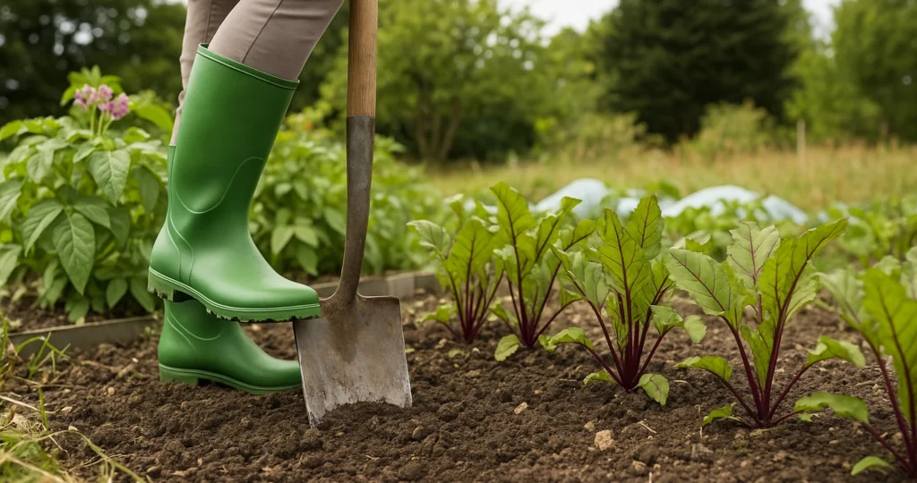 Selbstversorger Garten anlegen mit grünen Stiefeln beim Umgraben eines Gemüsebeets im Frühjahr