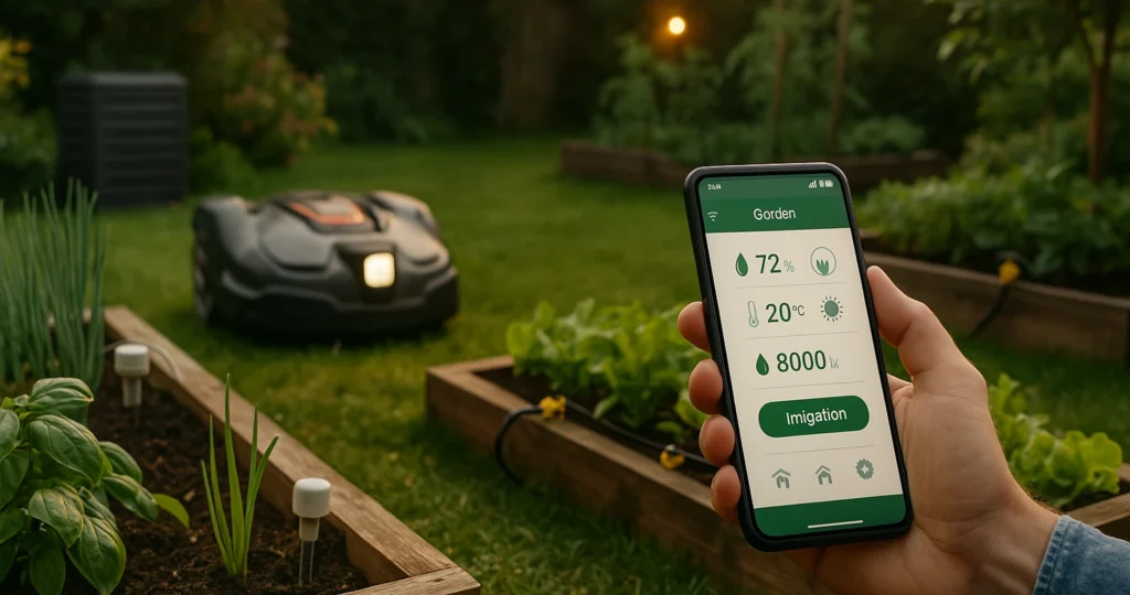 Smart Garden KI Checkliste: Smartphone zeigt smarte Garten-App mit Feuchtigkeitsdaten vor einem Hochbeet mit Sensoren und Mähroboter in einem gepflegten Smart Garden
