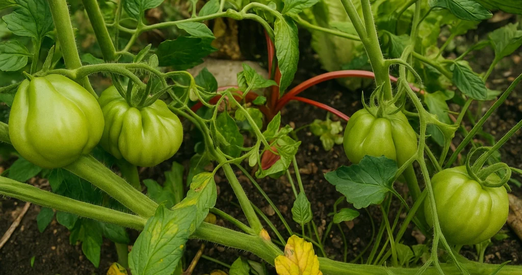 Gute Nachbarn für Paprika - Diese Pflanzen fördern Wachstum & Gesundheit im Beet 2 Tomaten gute Nachbarn: Unreife Tomaten im Beet zusammen mit Mangold und Salat als Mischkultur-Partner
