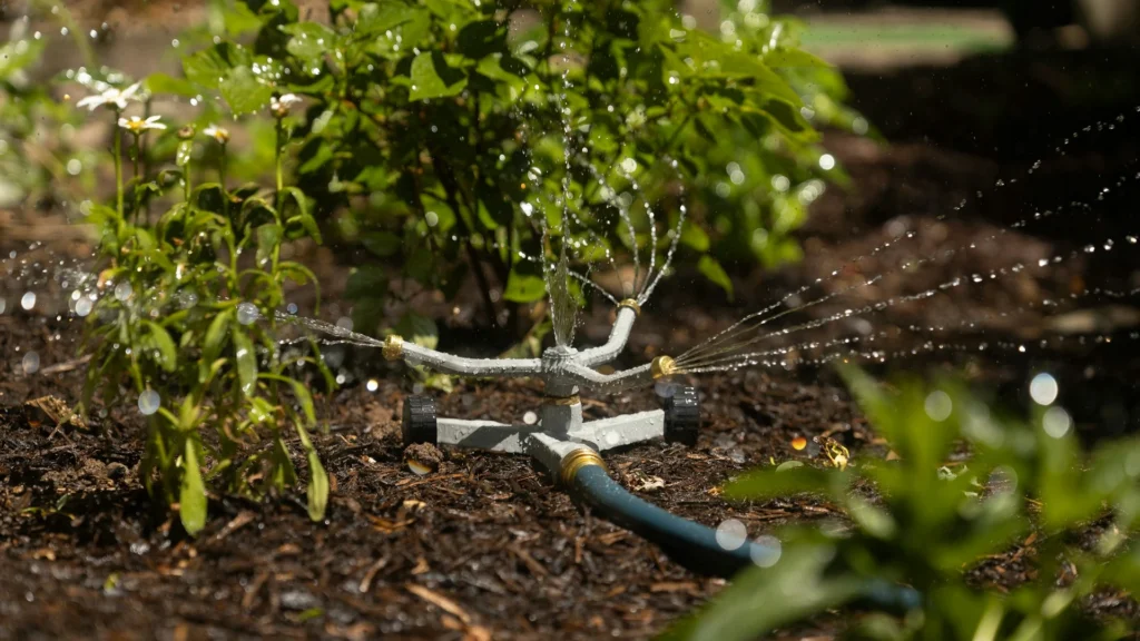 Wasser sparen im Garten – 7 effektive Methoden bei Hitze 2 Wasser sparen Garten – Mulchfläche mit Rasensprenger bei gezielter Bewässerung